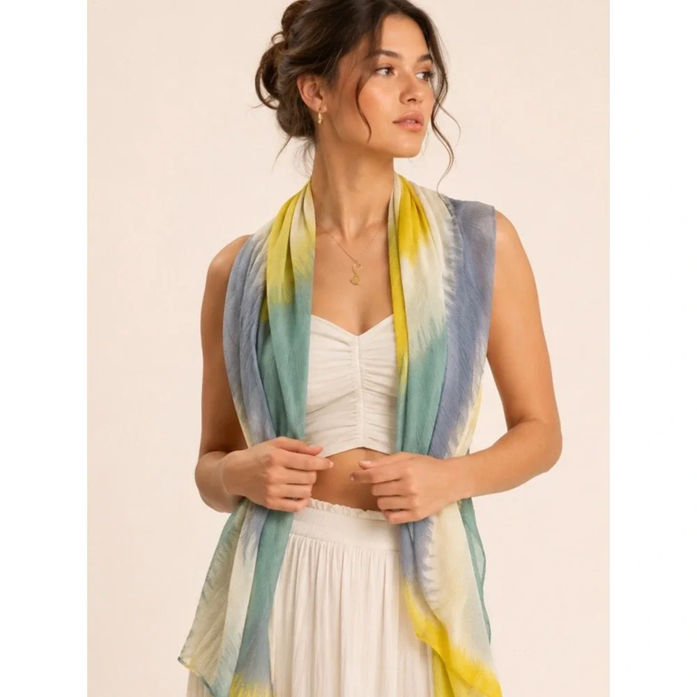 Sally McKeen Scarf Womens OS Yellow Blue Green Excellent Tie Dye Ikat Boho Wrap